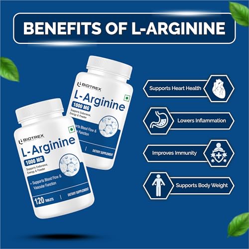 Image of Biotrex Nutraceuticals L-Arginine 1000mg Supplement | Nitric Oxide Booster & Muscle Growth | Blood Flow & Heart Health | Pre Workout | Non-GMO | 120 Tablets