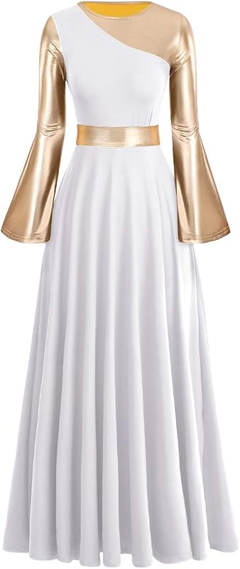 IBAKOM Liturgical Praise Dance Worship Long Dress for Women Metallic Gold Color Block Loose Fit Full Length Church Dancewear