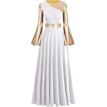 IBAKOM Liturgical Praise Dance Worship Long Dress for Women Metallic Gold Color Block Loose Fit Full Length Church Dancewear
