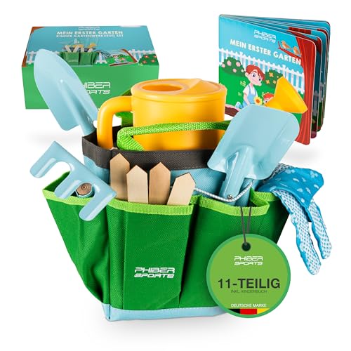 PHIBER-SPORTS Kinder Gartenwerkzeug Set (11 Teile) mit Kindergartenbuch - Gartengeräte für Kinder ab 3 Jahre, auch für Sand und Strand - Garten Werkzeug aus Metall, Gießkanne, Gartenhandschuhe, Tasche