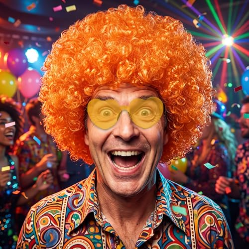 MEEZY Orange Afro Wig with Heart Sunglasses for Men Women Funny 70s 80s Disco Party Afro Wigs Colored Short Fluffy Curly Hair with Hair Net for Halloween Cosplay Costume Party Music Festival