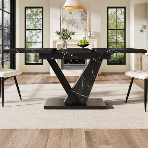 Tavolo da pranzo allungabile, 120-160 cm, con decorazione in marmo nero, tavolo da cucina per 6-8 persone, con funzione telescopica e robusta struttura in metallo, nero