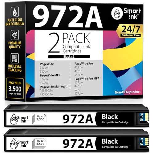 Smart Ink Compatible Ink Cartridge Replacement for HP 972A 972 A (Set of 2 Black, Combo Pack) to use with HP PageWide Pro 477dw 577dw 452dw 477dn 452dn 577z 552dw 377dw P55250dw Printer