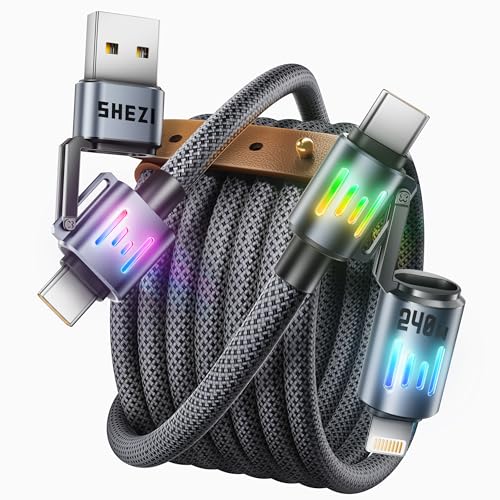 SHEZI 4-in-1 240W [Full Charging Only 0.5h] USB C to L RGB Cable, [1GB Data Sync Just 8s] Braided Fast Multi Charger Cord Combo Lightning/Type C/USB A Port for iPhone/iPad/Samsung, 5FT