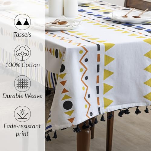 Image of HOMEMONDE Cotton Premium Dining Table Cover 101 X 152 CM Geometric Printed Table Cloth For 4 Seater With Tassels, Rectangular Centre Table Cover - Yellow Santo