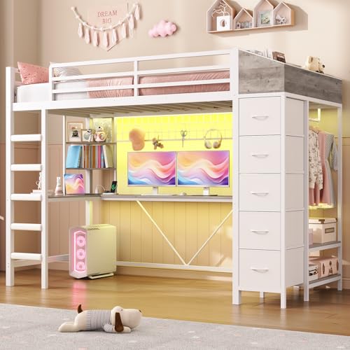 Loft Bed with Desk LED Lights Storage White