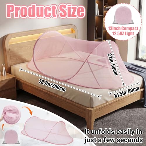 Image of 2 Pcs Large Pop up Mosquito Tent Portable Foldable Mosquito Bug Net for Bed Camping Travel Patio Outdoor 78 * 31 * 22 Inch Bug Netting Mesh Tent Canopy for Adults Bedroom, Pink