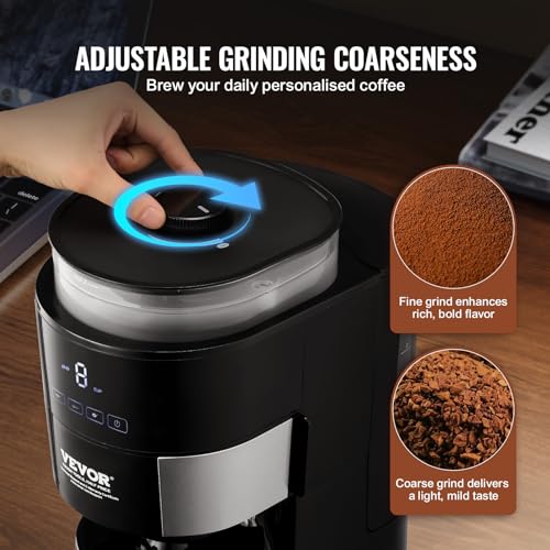 Image of VEVOR Coffee Maker with Grinder, 8 Cup Programmable Coffee Machine, Grind and Brew Coffee Maker with 3 Brew Strength Control, Reusable Filter, Removable Water Tank, for Home Office Restaurant