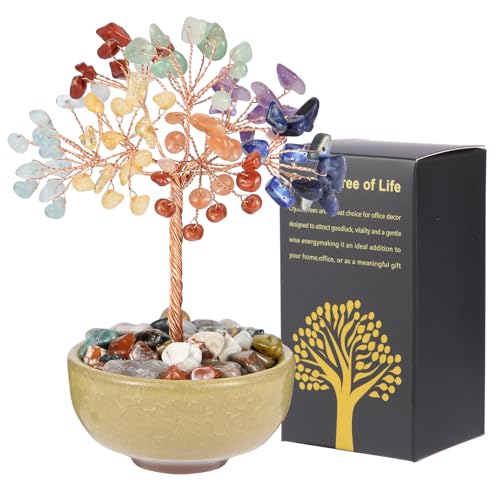 7 Chakra Crystal Tree with Ceramic Base Natural Gemstone Feng Shui Money Tree for Wealth Good Luck & Positive Energy Handmade 5 Inch Healing Abundance Bonsai for Home Office Decor