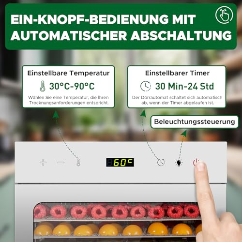 Kwasyo Dörrautomat Edelstahl, 8 Etagen mit 6er Dörrfolie, Rezeptbuch, BPA-frei, 30–90 ℃ Temperatureinstellung, max. 24 Stunden, Dörrautomat für Gemüse, Fleisch, Obst – Bild 5