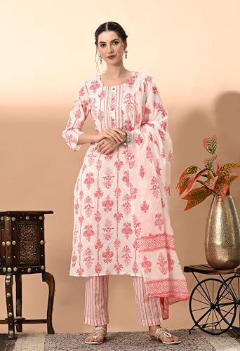 Image of Amazon Brand - Tavasya Women Cotton Anarkali Kurta Pant Dupatta Set | Printed Ethnic Suit Set | Flared Anarkali Kurta with Pant & Dupatta | Festive & Casual Wear