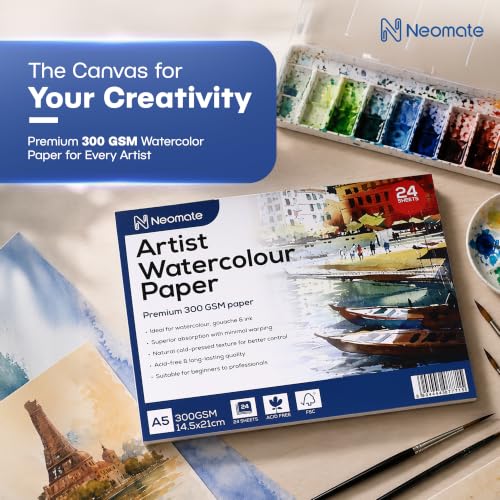 Image of Neomate Artists Watercolour Paper | 300 GSM, Size A5, Cold Pressed | Pack of 24 Sheets | Ideal for Artist, Professional Drawing, Painting Dry & Wet, Fine Arts Students