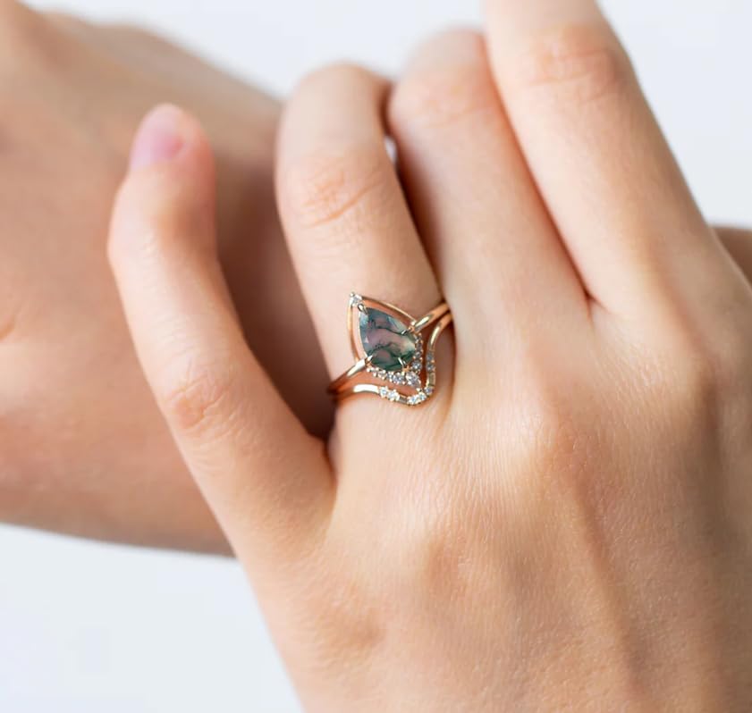 Moss Agate Ring for Women 925 Sterling Silver 14K Gold Plated Natural Green Gemstone Engagement/Wedding/Promise Adjustable Ring Dainty Stackable Jewelry Gift for Her3