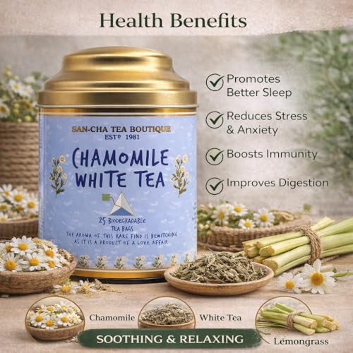 Image of Sancha Chamomile White Tea | 25 Pyramid Bags | Silver Needle & White Peony White Tea Blend | Antioxidant-Rich