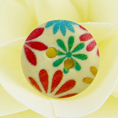 Polytree 100Pcs Sewing Wooden Buttons Round Shape Colorful Print 2 Holes #TOP4