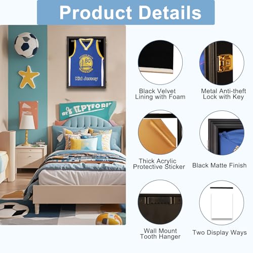 Image of Jinchuan Jersey Frame Display Case Large Frames Shadow Box Lockable with UV Protection for Baseball Basketball Football Soccer Hockey Sport Shirt Black