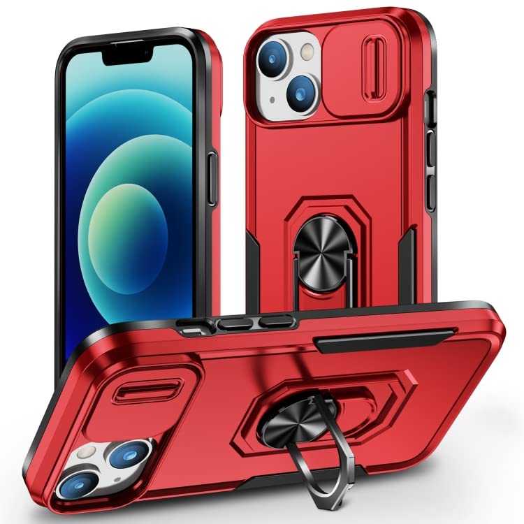 Image of MOSHKING Polycarbonate Back Cover Case Compatible For Iphone 13 With Slide Camera || Heavy Duty Military Grade Protection Mobile Phone Case Built-In 360 Rotate Ring Stand - Red