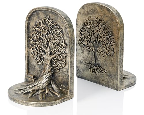 BOIHEGU Tree of Life 3D Bookends with Intricate Details, Solid Resin Construction Non-Slip Design, Antique Gold Decor for Home Library, Office