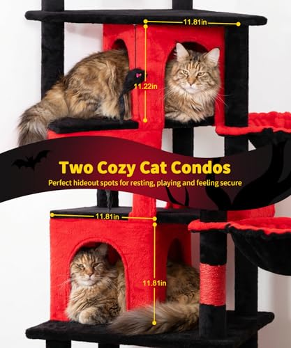 Image of 74 Inch Heavy Duty Gothic Cat Tree for Large Cats, Multi-Cat Tower with 3 Condos, Tall Cat Condo with XL Platform, Hanging Basket & Sisal Scratching Posts, PMT04RD, Black Red