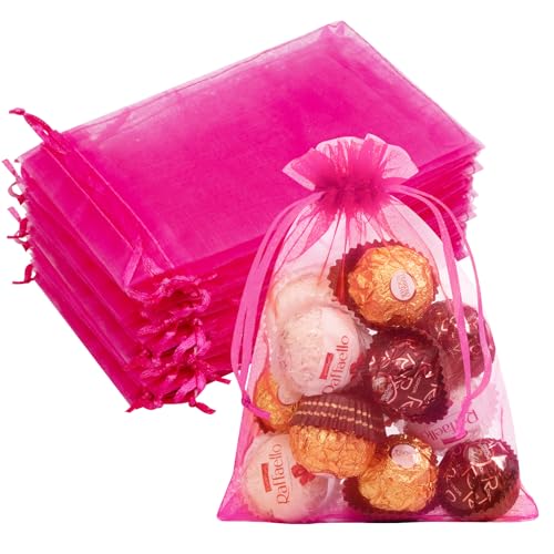 Image of 50PCS Hot Pink Organza Bags 5x7, Small Gift Bags Mesh Drawstring Mini Cute Jewelry Pouches Goody Baggies for Women Mother's Day Goodie Candy Treats Wedding Birthday Party Favor Gifts Wrapping