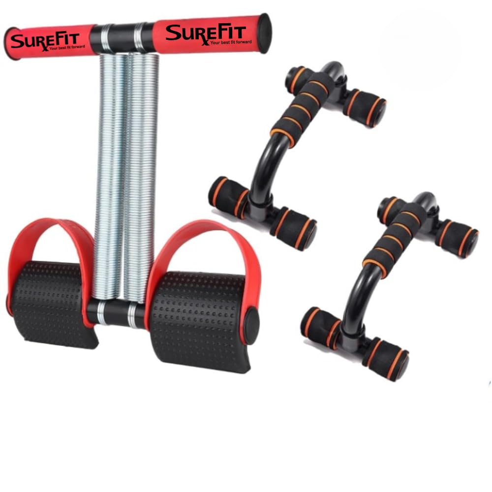 SUREFIT Tummy Trimmer with Dual Spring & Push-Up Bar Combo | Full Body Home Workout Kit for Men & Women | Core, Arms, Chest & Abs Fitness Pack