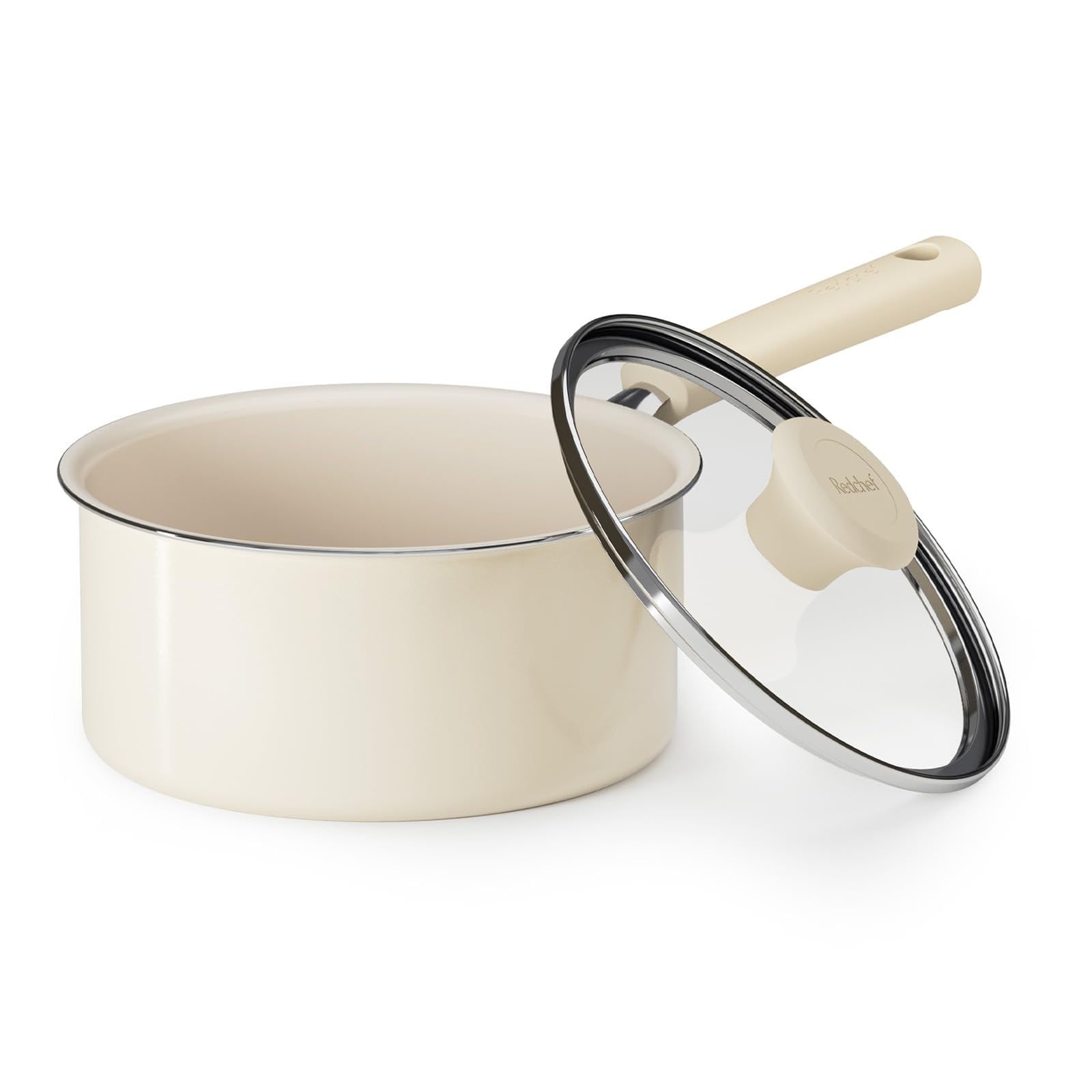 Redchef Ceramic Nonstick Saucepan with Lid,18cm Small Cooking Pot, Non Toxic Sauce Pans for Kitchen, Cool Handle PFAS Free Compatible with All Cooktops, White
