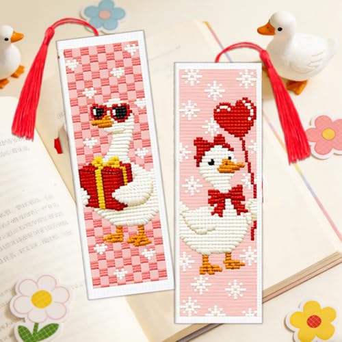Image of ACRNIGHEET 6PCS Cross Stitch Bookmark Kit for Beginner Cute Goose Stamped Cross Stitch Kits Needlepoint Kit for Adults DIY Tassel Embroidery Bookmark Kits with Instructions Craft Gift 8.5 inchx3 inch 11CT
