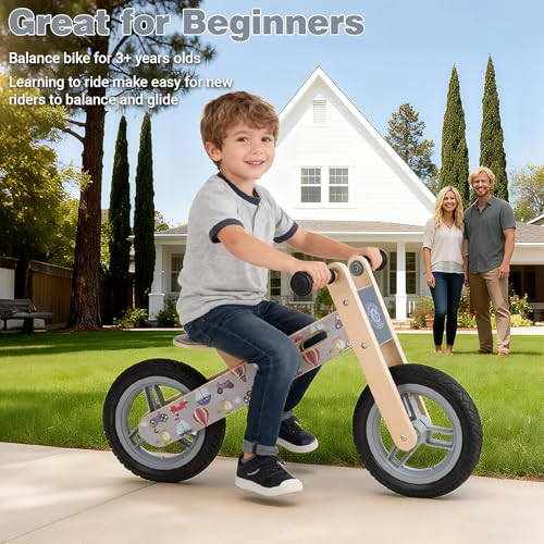 Image of Wooden Toddler Balance Bike, Kids Balance Bike for 3 Year Old with Adjustable Seat, No Pedal Toddler Bicycle for Kids 3-5 for Boys and Girls Birthday Gifts Toys