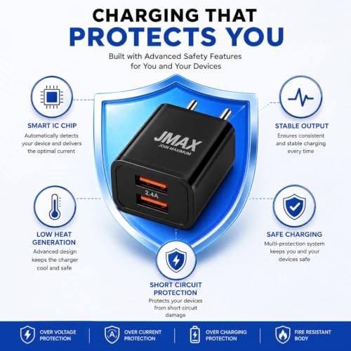 Image of Jmax 2.4A Dual USB Mobile Charger with Free Micro USB Cable | Fast Charging Dual USB Wall Charger Adapter | Smart IC Protection | Compatible with Nokia, Samsung, Lava, Jio, OnePlus, Realme, Oppo