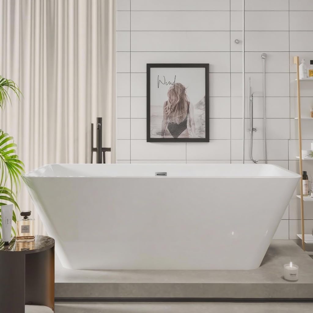 Freestanding Bathtub, Acrylic, Deep Soaking Tub with Non-Slip Base, CUPC Certified Free Standing Tub, Chrome Drain Bath Tub, Modern Tub for Bathrooms, White, 59''