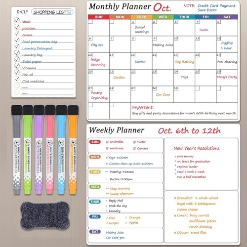 Dry Erase Magnetic Calendar for Refrigerator, 3 Pack- Monthly & Weekly & Daily Planner Magnet Whiteboard for Fridge Wall Door - Shopping, Meal/Menu, To Do List, Family Schedule Planning Board