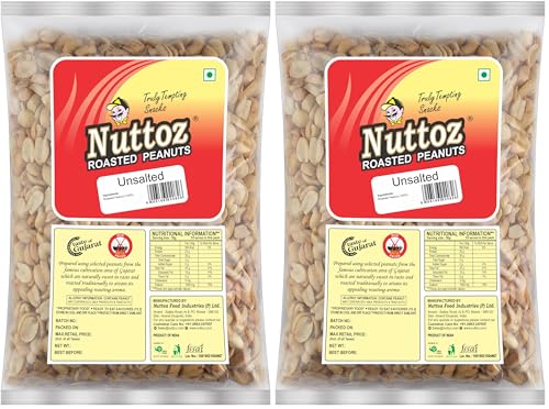 Image of Nuttoz Roasted Peanut Unsalted 1Kg Vacuum Pack | Horeca Pack | Jumbo Roasted Moongfali | Non Fried Ready to Eat Healthy Snack | Without Skin Whole and Split Peanut (Pack of 2)