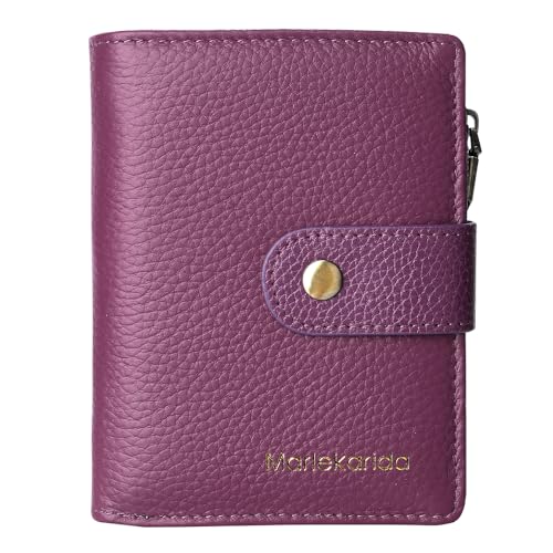 Ladies' fashionable leather wallet, large capacity, multiple card slots, zipper and snap closure, RFID shielding protection credit card clip, short wallet (Deep purple)