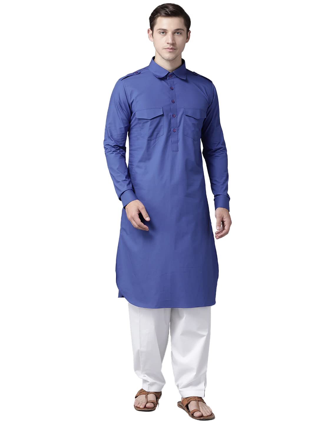 see designs Men's Solid Cotton Curved Hemline with Shirt Collar Full Sleeve Pathani Kurta with Salwar-picture-17