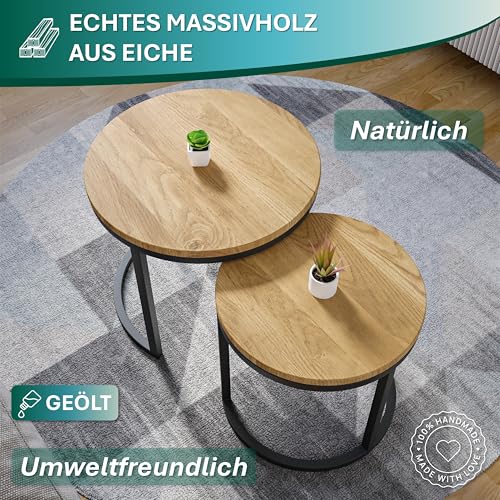 Lumarc Modena, Couchtisch 2er Set aus Massivholz Eiche und Stahl, Handgefertigt in Europa, Beistelltisch, Wohnzimmertisch, Coffee Table, Schwarz, Rund, Ø50x43 cm / Ø40x38 cm – Bild 5