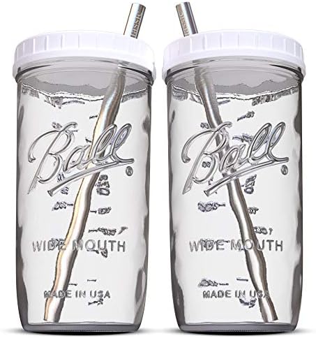 Reusable Wide Mouth Smoothie Cups Boba Tea Cups Bubble Tea Cups with Lids and Silver Straws Mason Jars Glass Cups (2-pack, 24 oz mason jars)