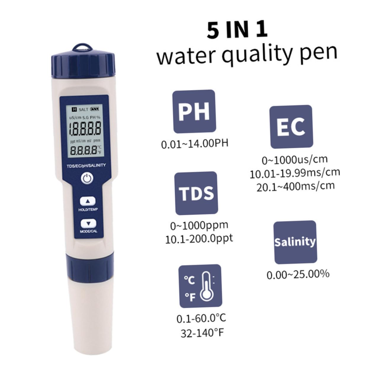 Gatuida Salinity Tester for Water Digitale 5 in 1 per Acquario | Sonda ad Alta Sensibilità, Corpo Plastico, 3 Batterie Lr44 Incluse, Monitoraggio per Piscina e Acquacoltura