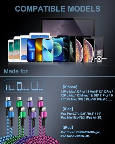 Image of USB C to Lightning Cable 4Pack /3ft, Apple Certified Powerline C-Type Charger Cord Fast Charging Original Lighting Wire for iPhone 14 13 13 Pro 12 Pro Max 11 X XR 8 Plus, AirPods, Power Delivery Speedy