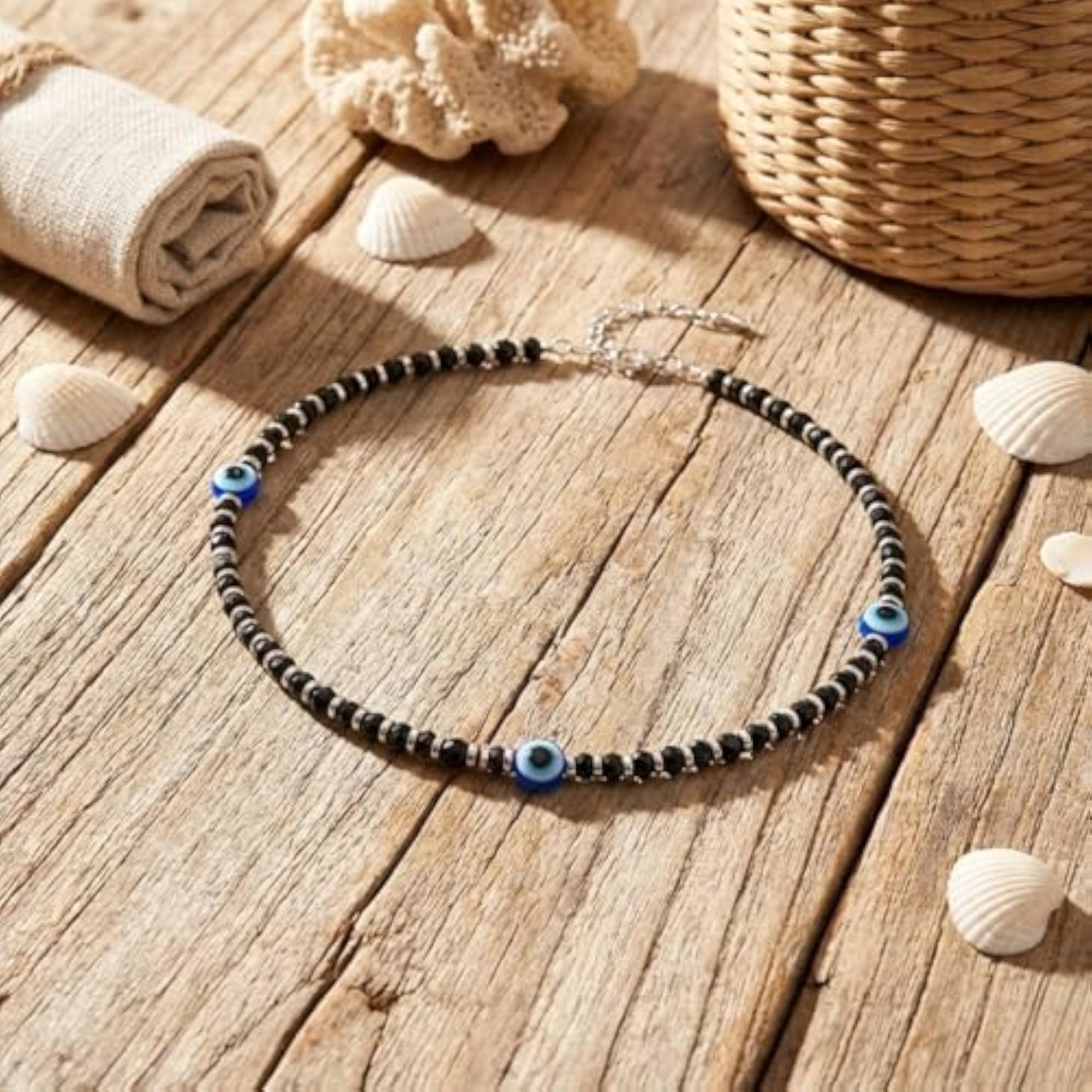 Women's Sterling Silver Anklet with Black Crystal Evil Eye