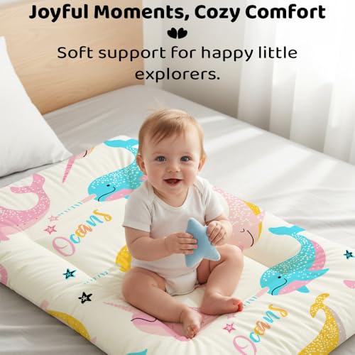 Image of StarAndDaisy Newborn Baby Bedding Nest 100% Cotton Cushioned Mattress Sheet with 2 Side Bolster Pillows & 1 Head Pillow Breathable & Soft for Boys & Girls Ocean Print