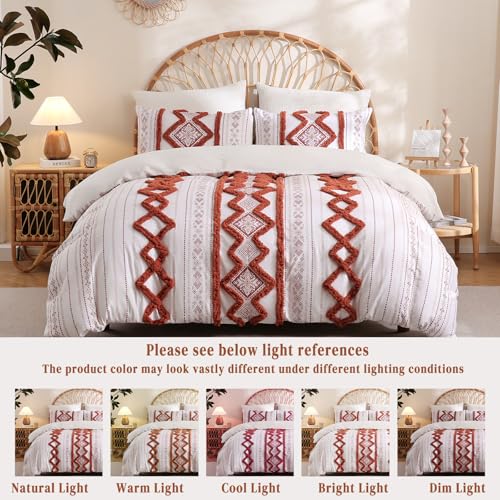 Image of Herside 100% Cotton Boho Duvet Cover Set King Size,Shabby Chic Aztec Western Brick Red Tufted Bedding,Farmhouse Luxury 3 Piece Textured Quilt Duvet Set for All Season Home Decor