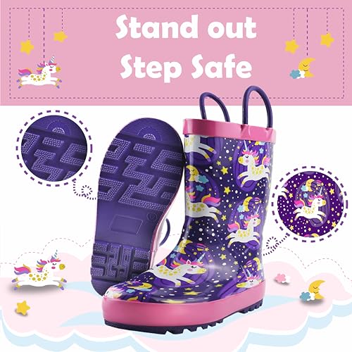 landchief Toddler Rain Boots, Kids Rain Boots Waterproof Rubber Boots for Girls and Boys with Fun Patterns and Easy-On Handles, Size 3, Starry Unicorn3
