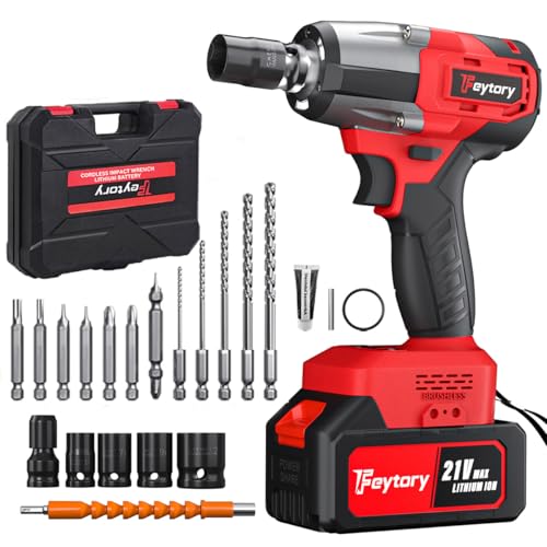 Cordless Impact Wrench 1/2 Brushless Power Impact Gun 2500RPM Electric Wrench Max Torque 550N.m with 4 Sockets 12PCS Screwdriver Bits 4.0Ah Battery & Carry Box for Car Home