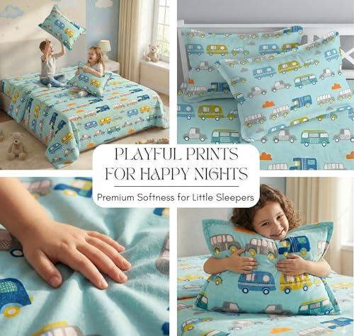 Image of VAS COLLECTIONS 7D Printed Double Bedsheet 300 TC | Soft Cotton Bed Sheet with 2 Pillow Covers | Cute 7D Design for Kids & Couples | Size 90 x 100 Inches (Kid Bus Print)