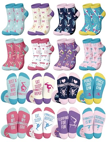 Glitopper 8 Pairs Gymnastics Theme Gift Socks Bulk Gymnast Accessories Stuff Birthday Party Favors for Team Coach Gymnast Adults Women - 8 Styles
