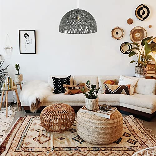 Image of JONATHAN Y 20 inch Gray Modern Bohemian Woven Rope LED Pendant Light Fixture, Adjustable Dome Ceiling Lamp for Kitchen Island, Rope Shade, Coastal Farmhouse Decor (JYL6504D)
