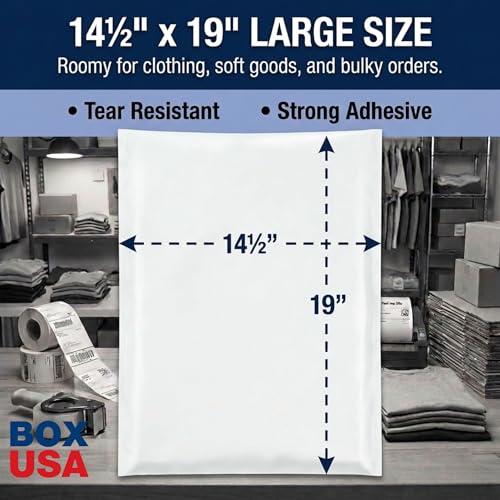 Image of BOX USA Shipping Bags 14 x 19 (100-Pack) White - Large Heavy Duty Self-Adhesive Envelope Poly Mailers for Packing