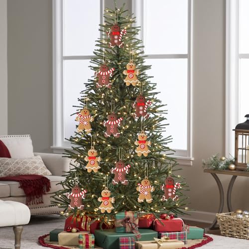 SSKHE Decoraciones de árbol de Navidad de pan de jengibre, 12 piezas de adornos de Navidad tradicionales de hombre de jengibre, bolas de Navidad colgantes de PVC con cuerdas para árbol, chimenea