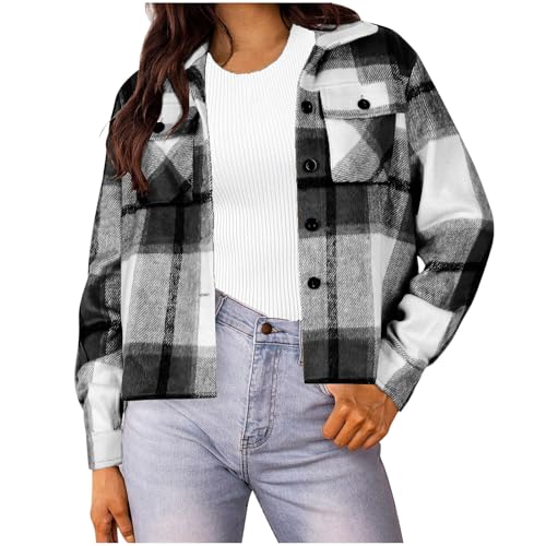 Cropped Shacket for Women Plaid Flannel Jacket Long Sleeve Button Down Cardigan Fashion Checkered Jacket with Pockets - Main Image