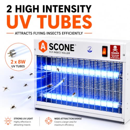 Image of Ascone Flying Insect Killer Machine with 2 UV Tubes | Silent & Chemical-Free Fly Control for Home, Restaurants, Hotels & Offices - White